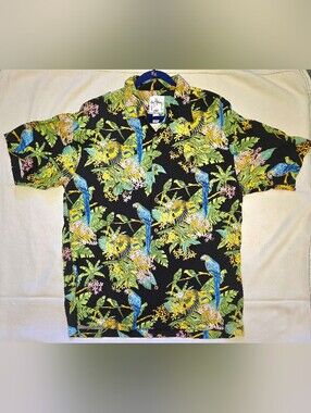 Guy Harvey Aftco Bluewater Hawaiian Shirt Button Up Rayon Parrot Tropical NWOT.